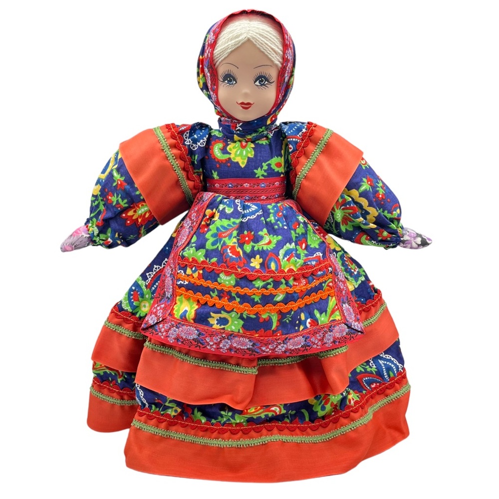 Vtg Alexandra? Russian Folk Art Cloth Rag Doll Painted Face Traditional Dress